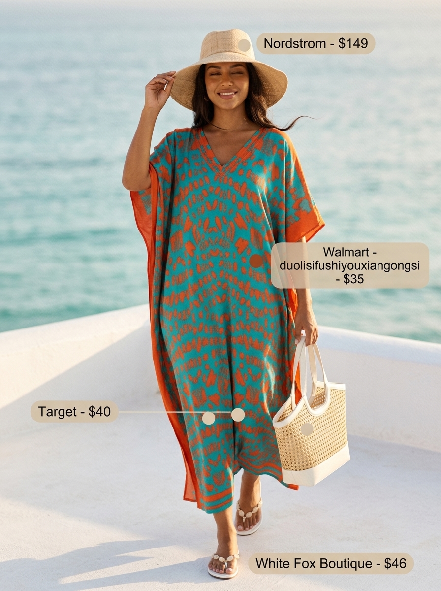 Turquoise kaftan cover-up for summer island vacation outfits for women 2026, beachside style.