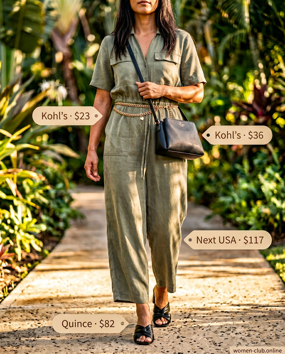 Chic khaki utility jumpsuit with gold chain belt for summer island vacation outfits for women 2026. Black mules & crossbody bag.