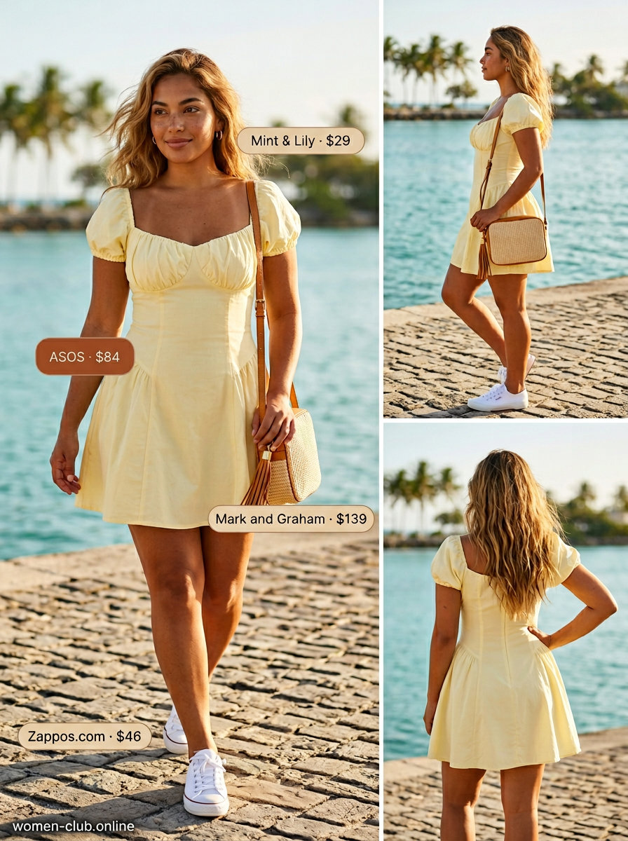Cheerful lemon yellow sundress with puff sleeves for summer island vacation outfits for women 2026. White sneakers & raffia bag.