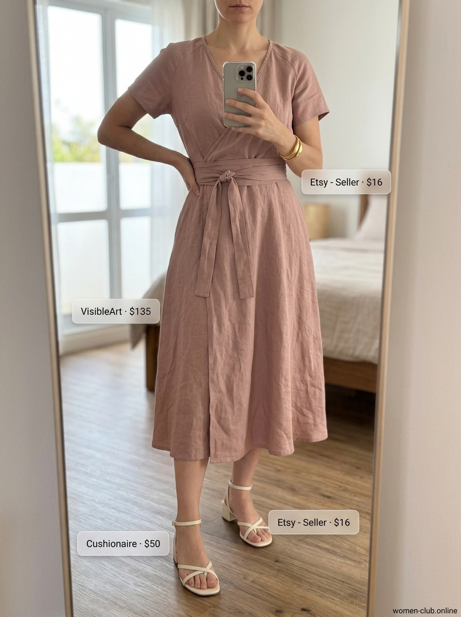 Sophisticated sage green linen midi dress outfit for women, elegant summer island vacation outfits 2026.