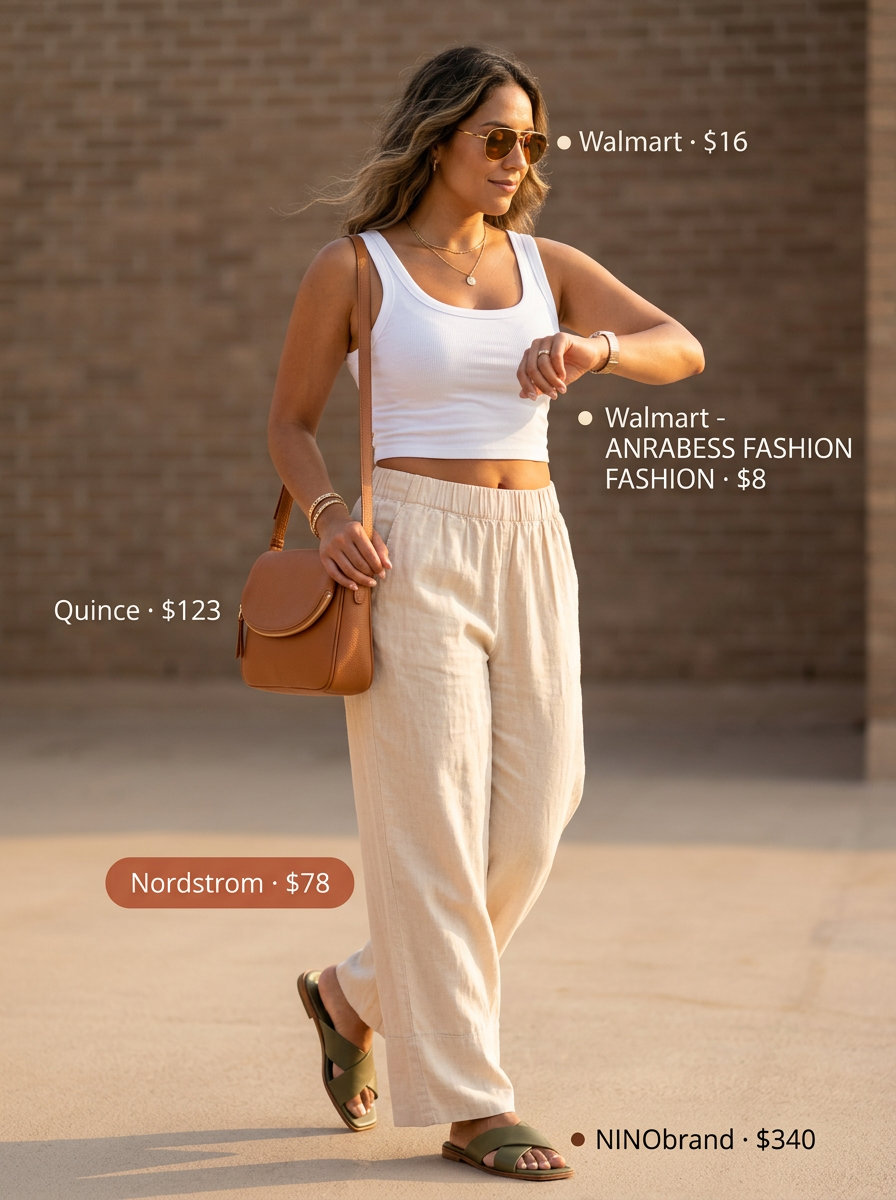 Relaxed natural beige linen pants outfit for women, comfortable summer island vacation outfits 2026.