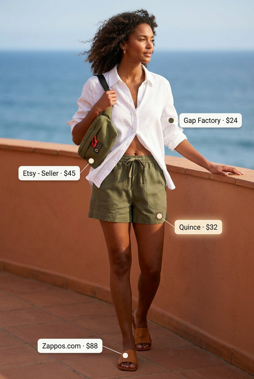 Relaxed olive green linen shorts and white linen shirt for women, effortless summer island vacation outfits 2026.