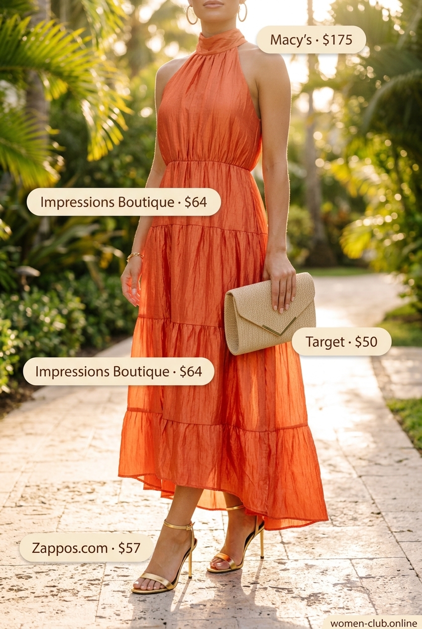 Sunset orange maxi dress for summer island vacation outfits for women 2026, evening resort wear.