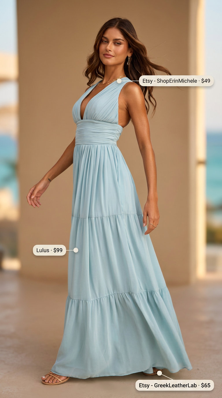 Serene sky blue maxi dress outfit for women, relaxed summer island vacation outfits 2026.