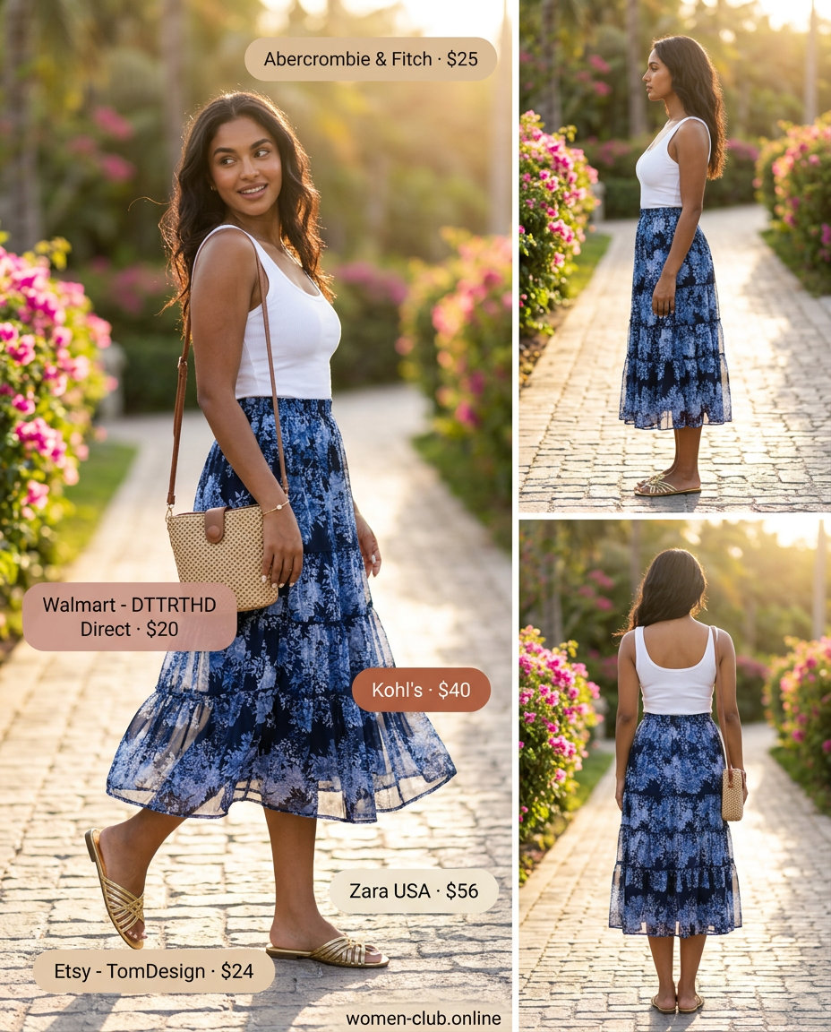 Teal blue midi skirt, white tank, gold sandals for summer island vacation outfits for women 2026.