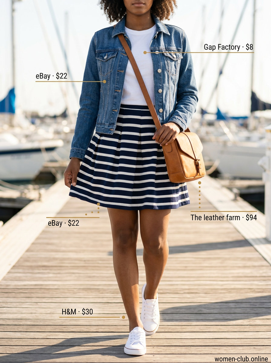 Nautical navy and white striped mini skirt outfit for women, classic summer island vacation outfits 2026.