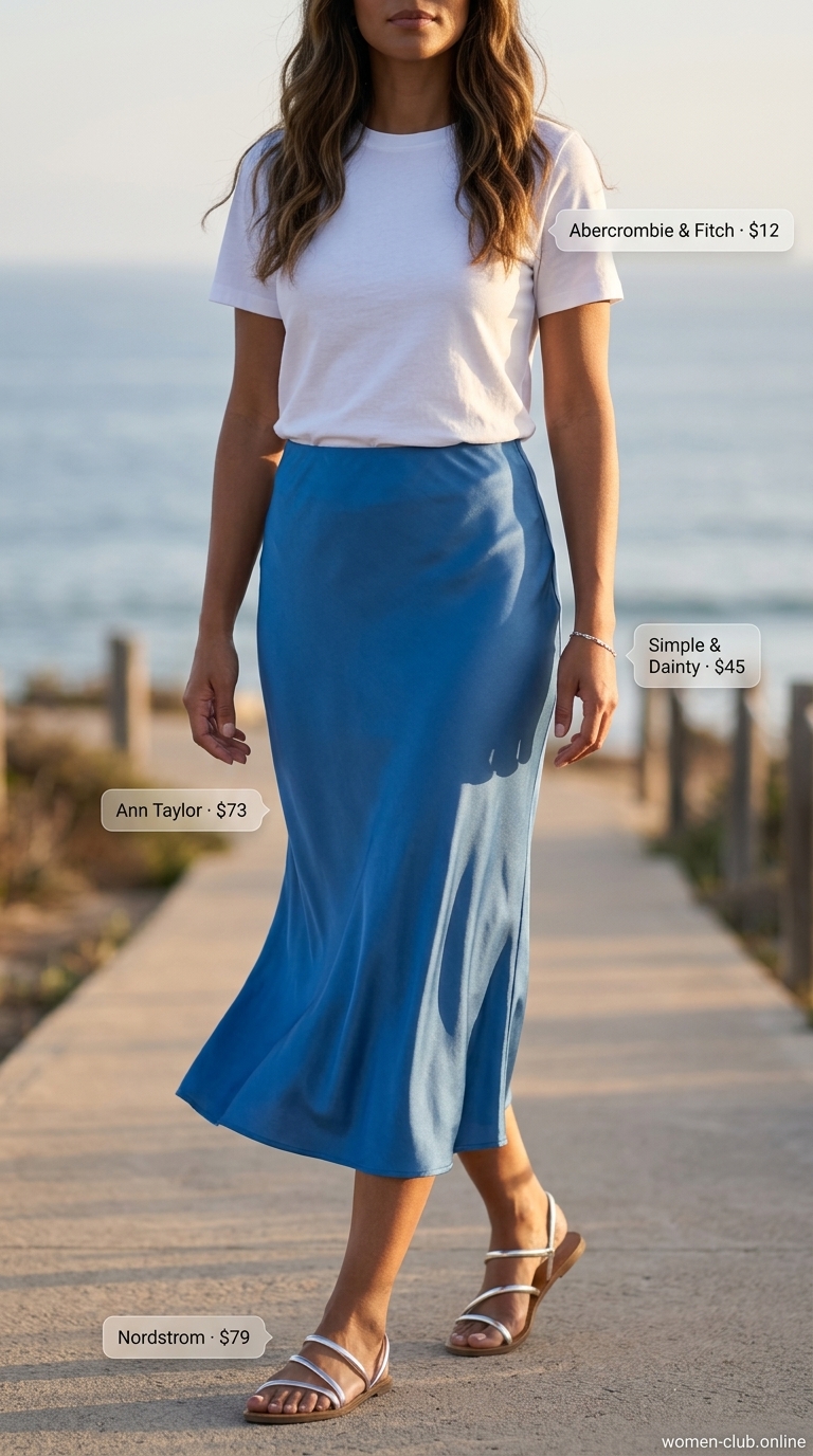Chic ocean blue satin slip skirt outfit for women, sophisticated summer island vacation outfits 2026.