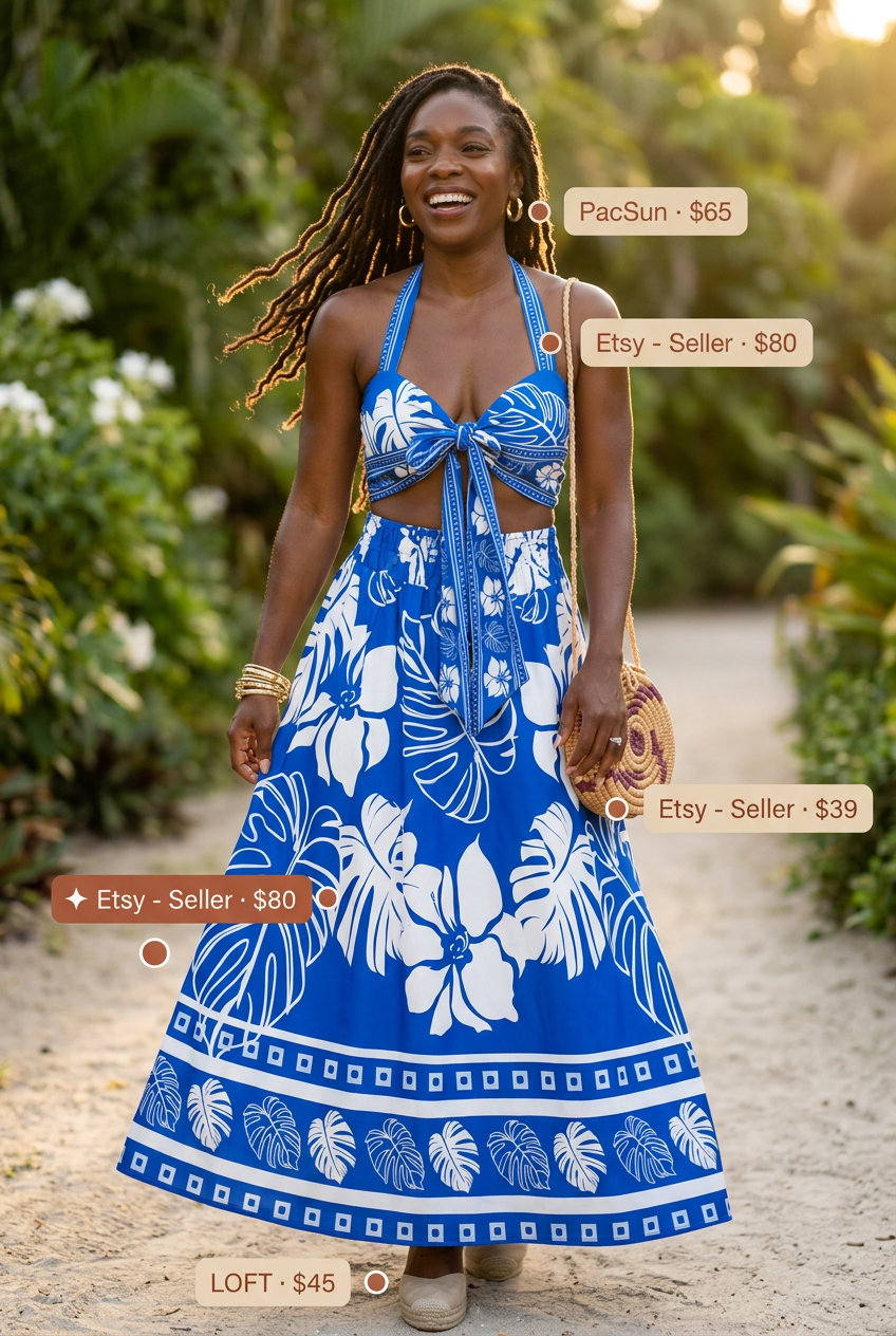 Tropical brunch outfit: coral & emerald halter top and midi skirt set for summer island vacation outfits for women 2026.