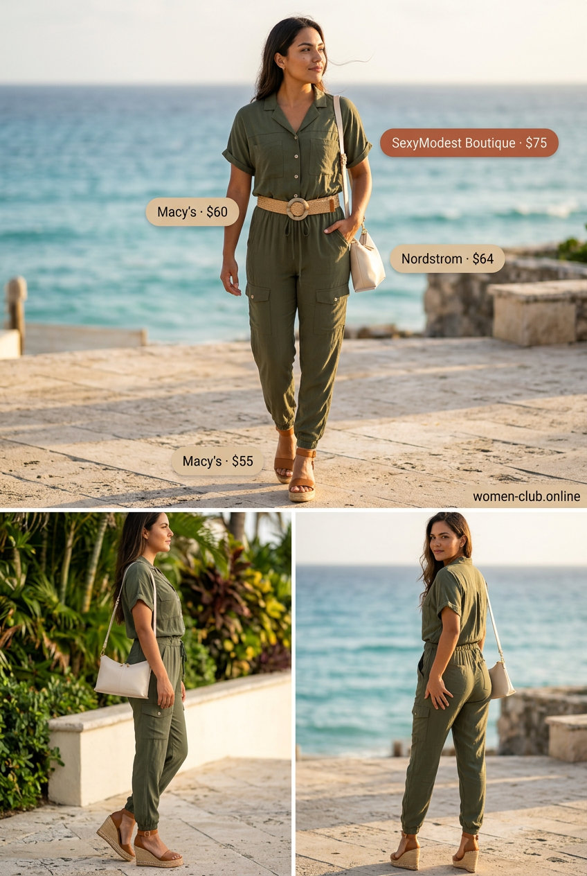 Olive green utility jumpsuit for summer island vacation outfits for women 2026, chic travel style.