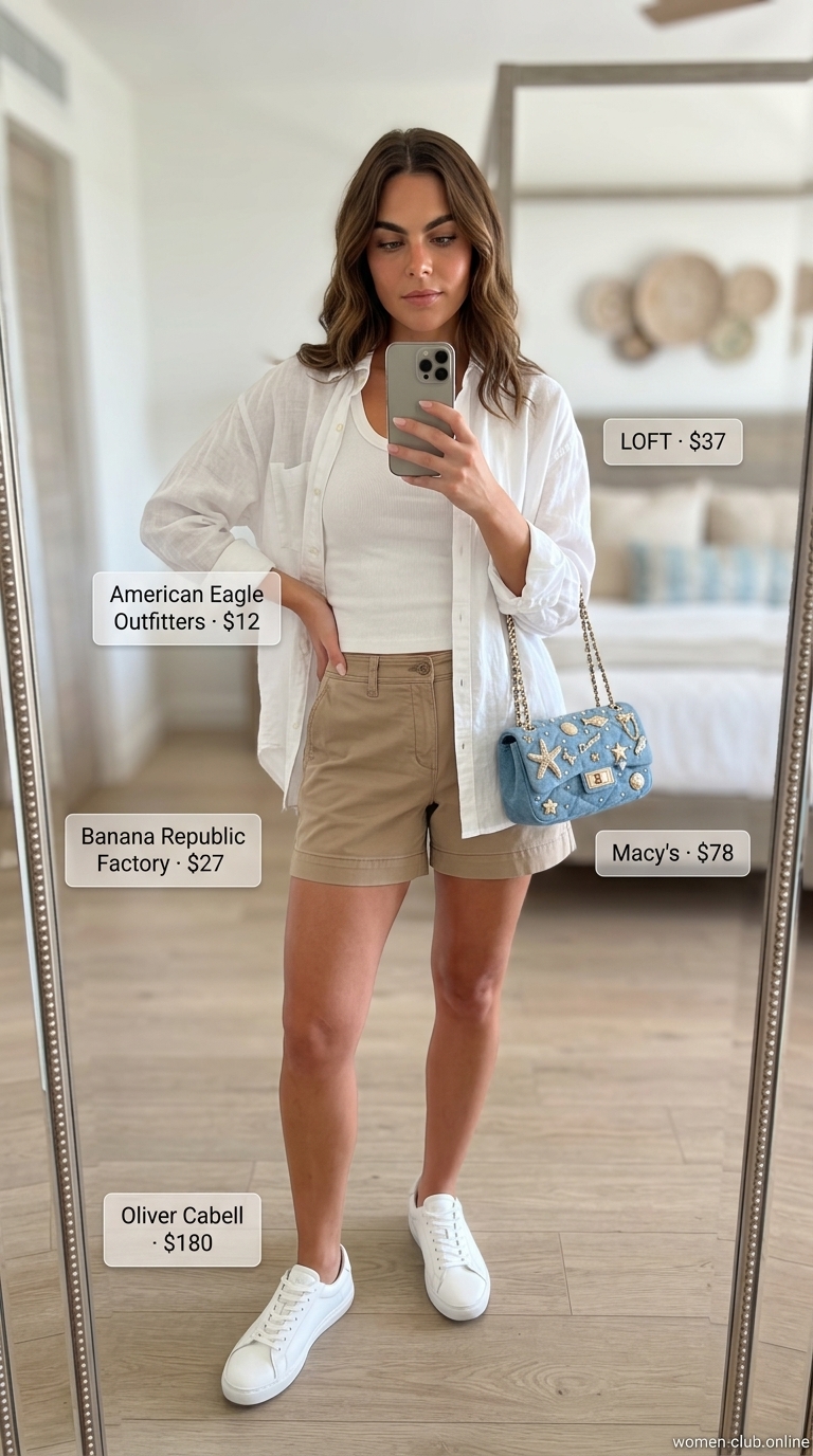 Chic white button-down and beige shorts for women, classic summer island vacation outfits 2026. Polished and comfortable.