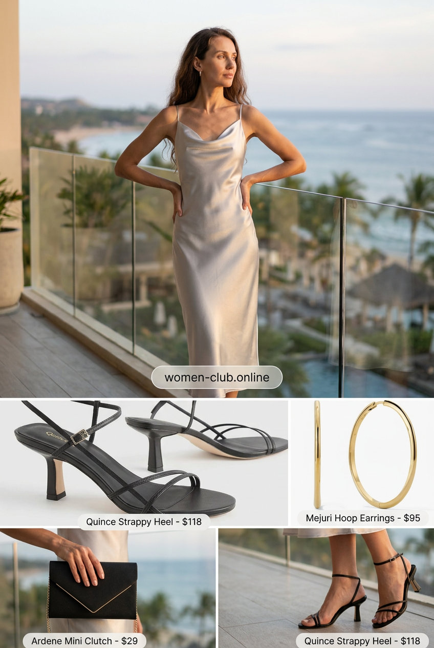 Chic white slip dress with gold hoop earrings and black strappy heels for summer island vacation outfits for women 2026.