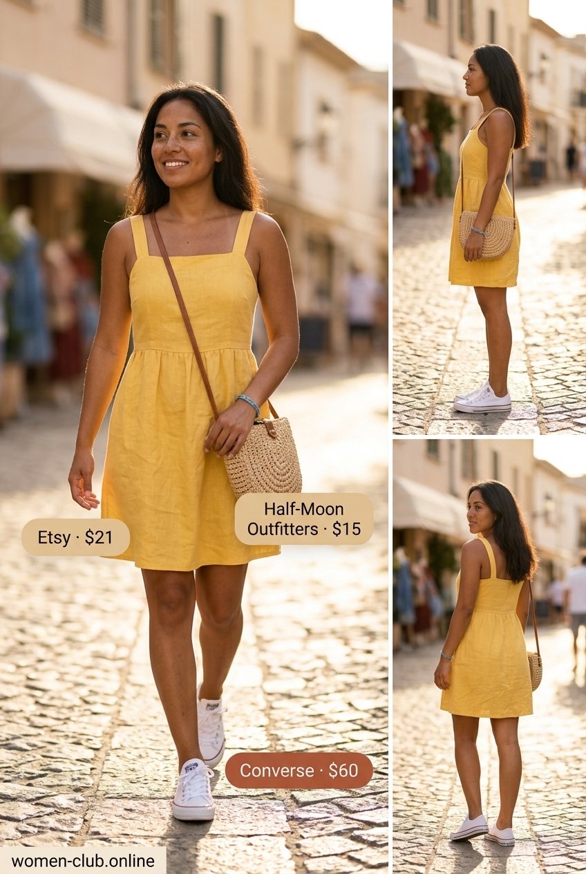 Sunny yellow polka dot sundress for women, ideal for summer island vacation outfits 2026. Casual and feminine style.