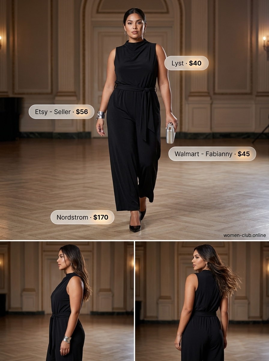 Black cowl neck jumpsuit for sophisticated summer wedding guest outfits 2026, with silver heels and clutch.