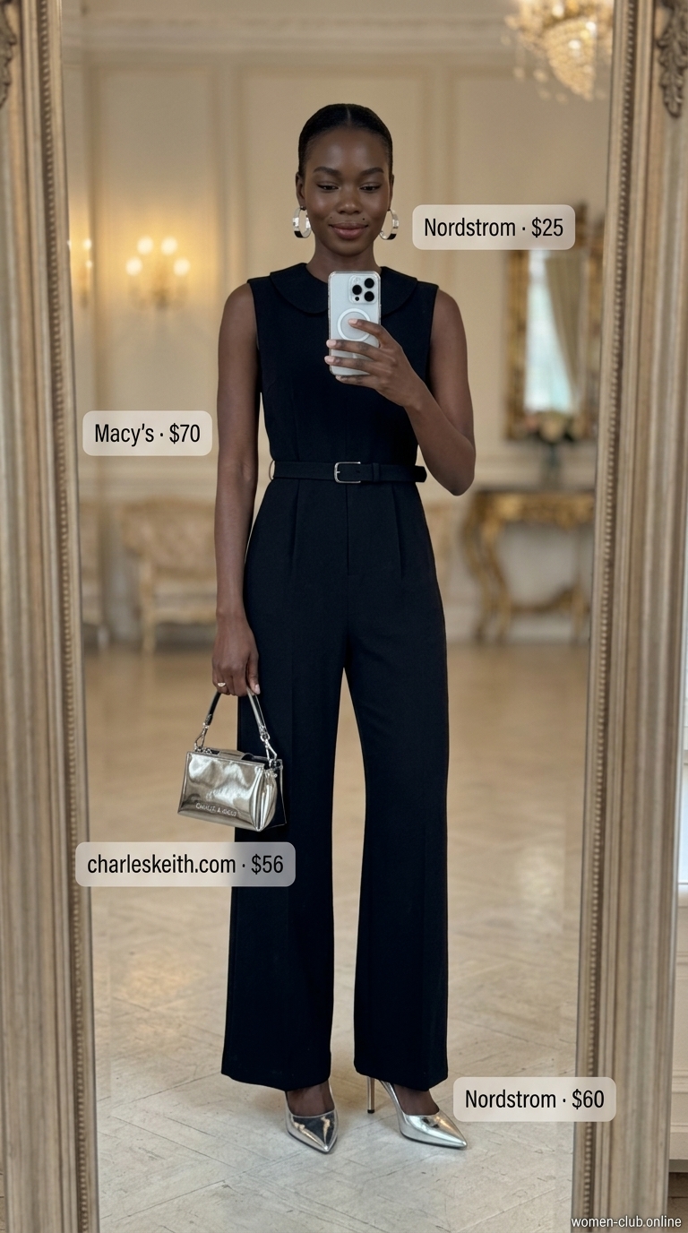Chic black jumpsuit for formal summer wedding guest outfits 2026, with silver heels and clutch for evening events.