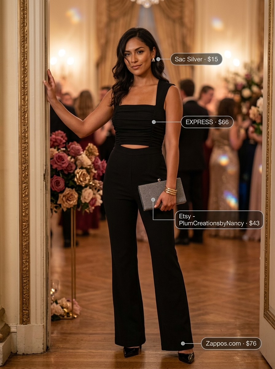 Black tailored wide-leg jumpsuit for summer wedding guest outfits 2026, with silver heels and clutch.