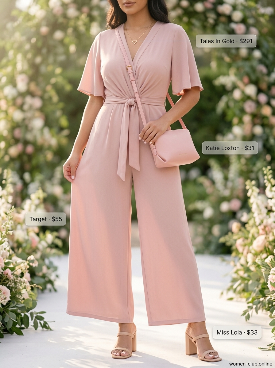 Blush pink jumpsuit with bow for summer wedding guest outfits 2026. Sweet nude mules, structured bag, and gold pendant.