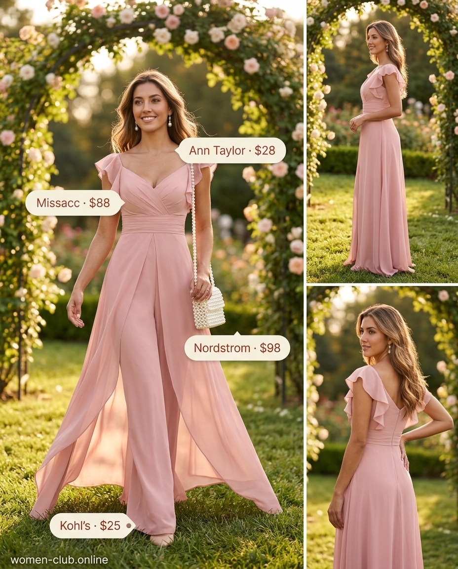 Blush pink palazzo jumpsuit for romantic summer wedding guest outfits 2026, with ballet flats and pearl earrings.