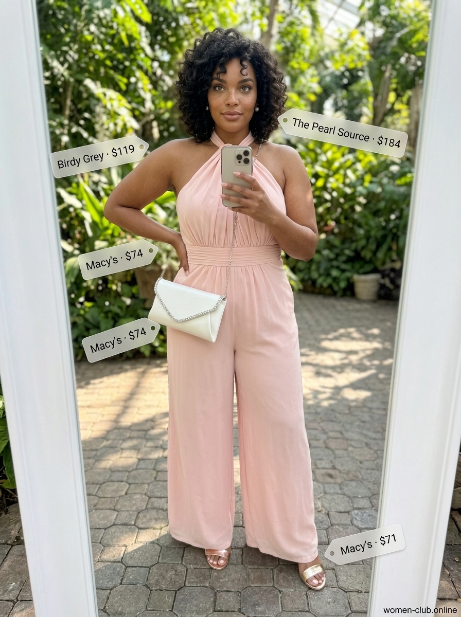 Blush pink lace wide-leg jumpsuit for summer wedding guest outfits 2026, with rose gold sandals.
