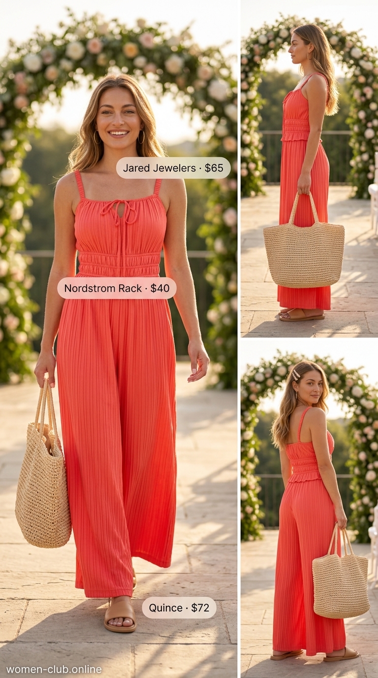 Coral sleeveless wide-leg jumpsuit for summer wedding guest outfits 2026, with tan slides and raffia tote.