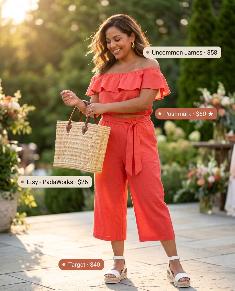 Coral linen off-the-shoulder jumpsuit for summer wedding guest outfits 2026, paired with espadrilles and straw tote.