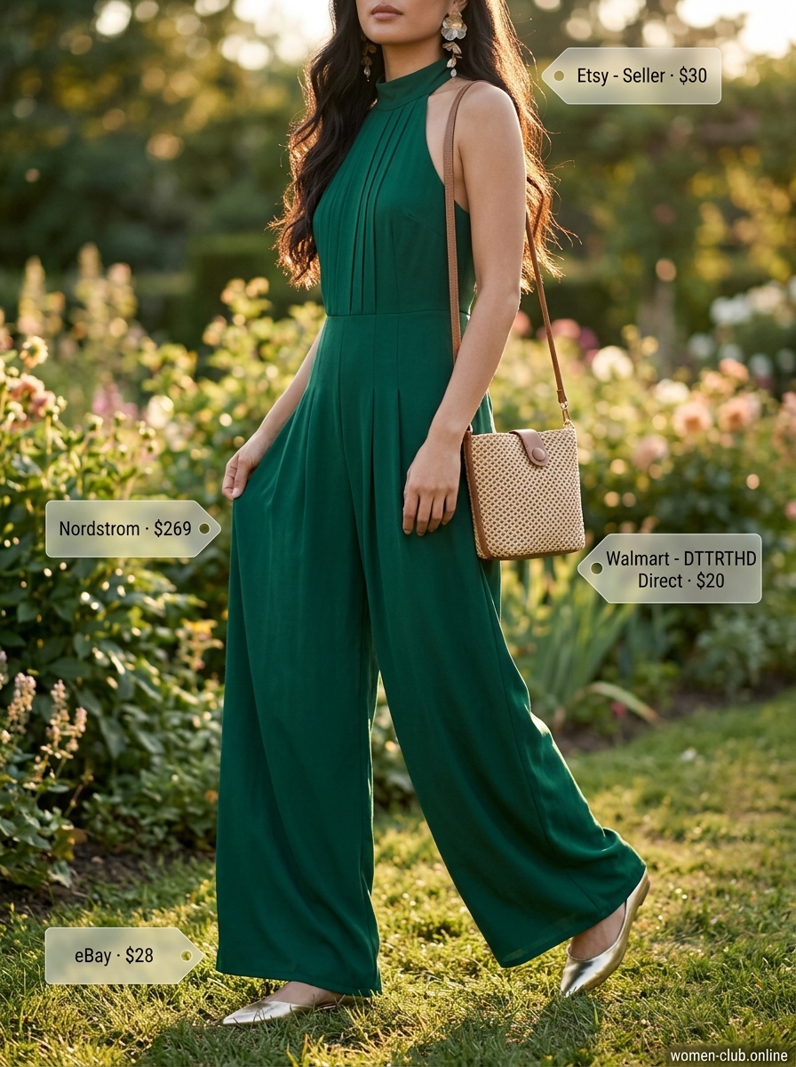 Emerald green halter neck jumpsuit for summer wedding guest outfits 2026, with gold flats and straw bag.