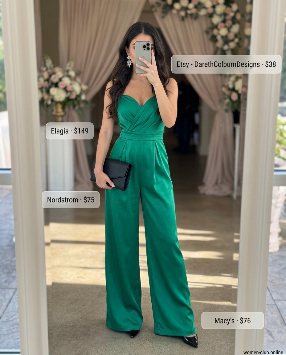 Emerald green off-the-shoulder jumpsuit for summer wedding guest outfits 2026, with black heels and clutch.