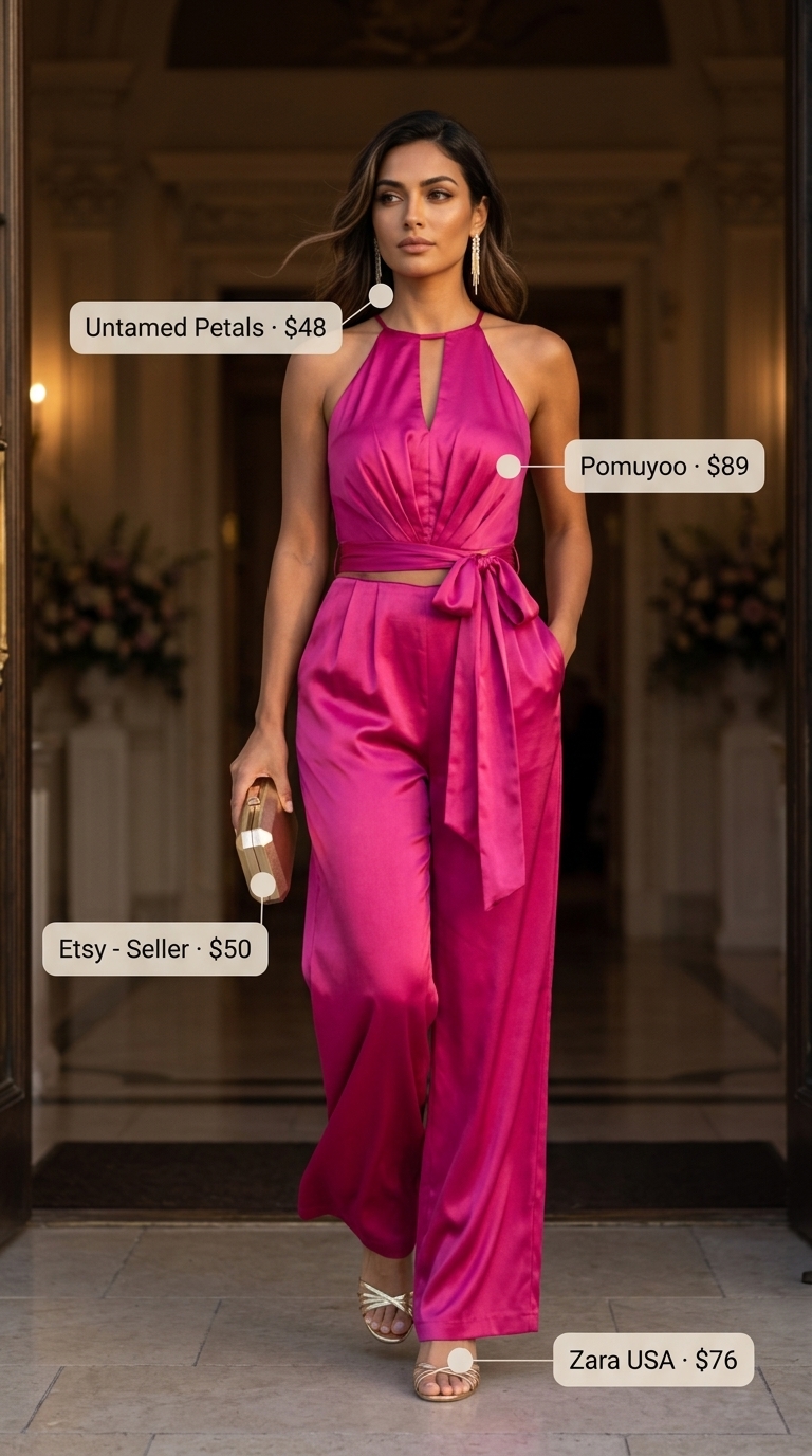 Fuchsia halter neck jumpsuit for summer wedding guest outfits 2026, with gold heels and clutch.
