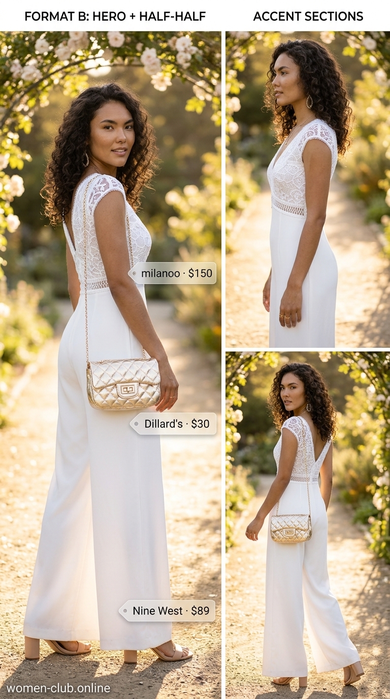 Ivory lace wide-leg jumpsuit for summer wedding guest outfits 2026, with nude block heels and light gold bag.