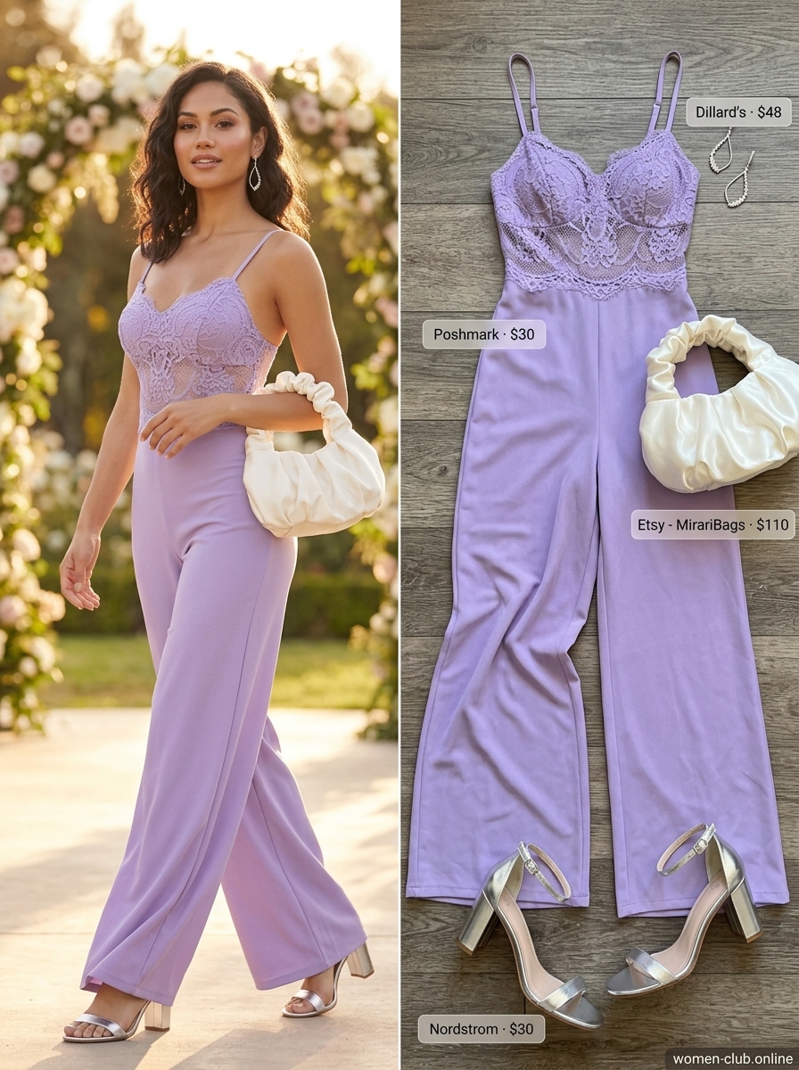 Lavender lace jumpsuit for summer wedding guest outfits 2026. Romantic silver sandals, evening bag, and drop earrings.