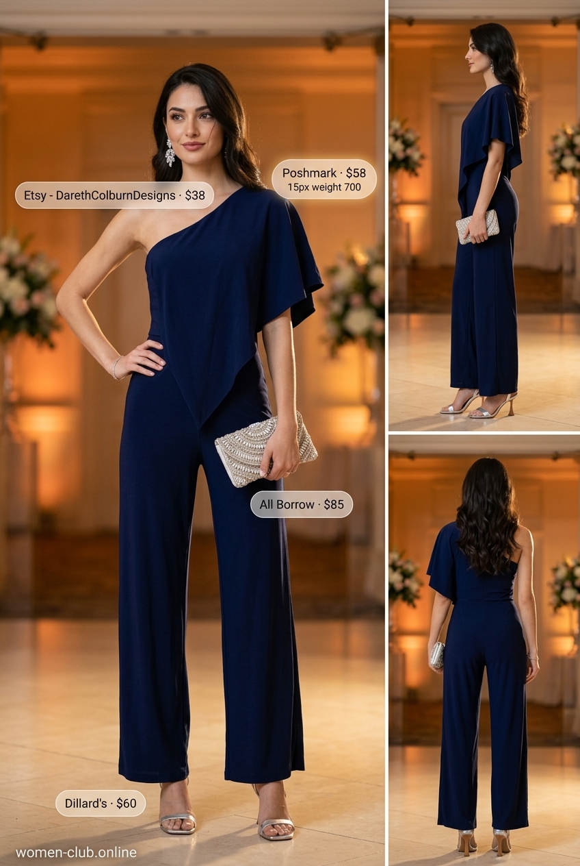 Navy one-shoulder wide-leg jumpsuit for summer wedding guest outfits 2026, paired with silver heels and clutch.