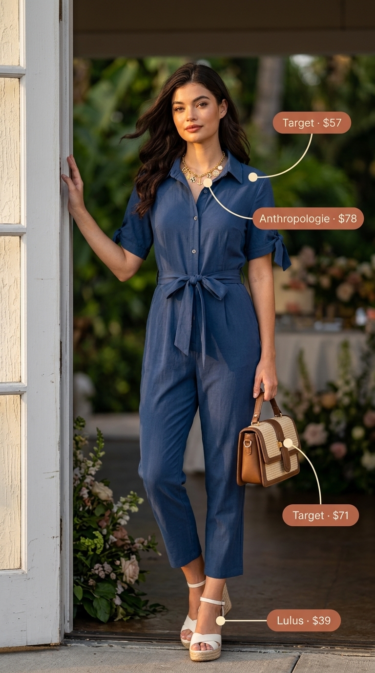 Navy utility jumpsuit for summer wedding guest outfits 2026. Polished straw bag, white espadrilles, and gold pendant.
