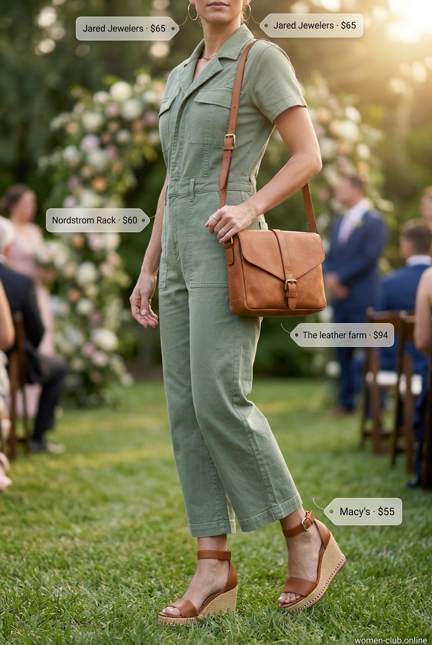Olive green utility jumpsuit for summer wedding guest outfits 2026, with tan espadrilles and crossbody bag.
