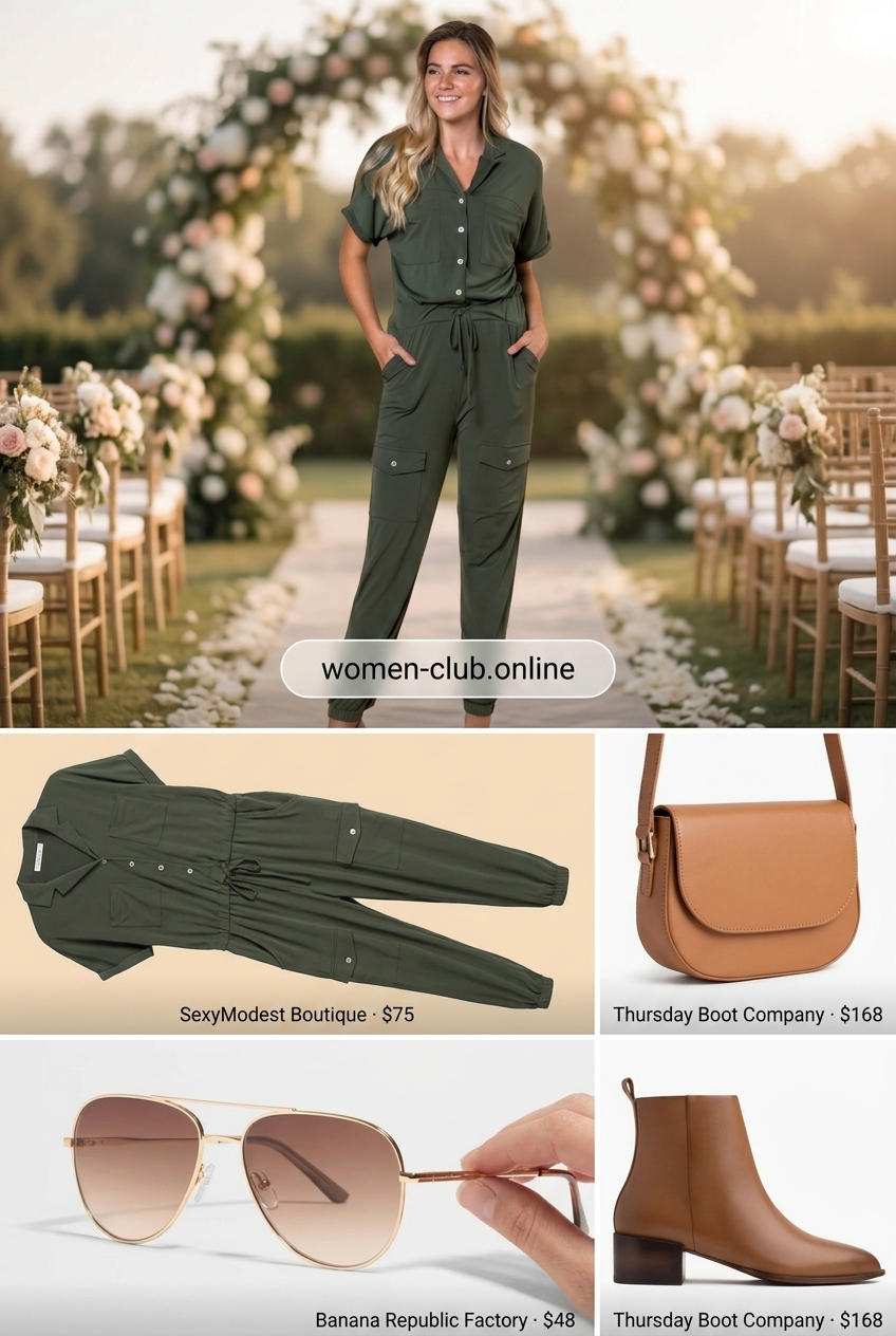 Olive green utility jumpsuit for casual summer wedding guest outfits 2026, styled with boots and crossbody bag.