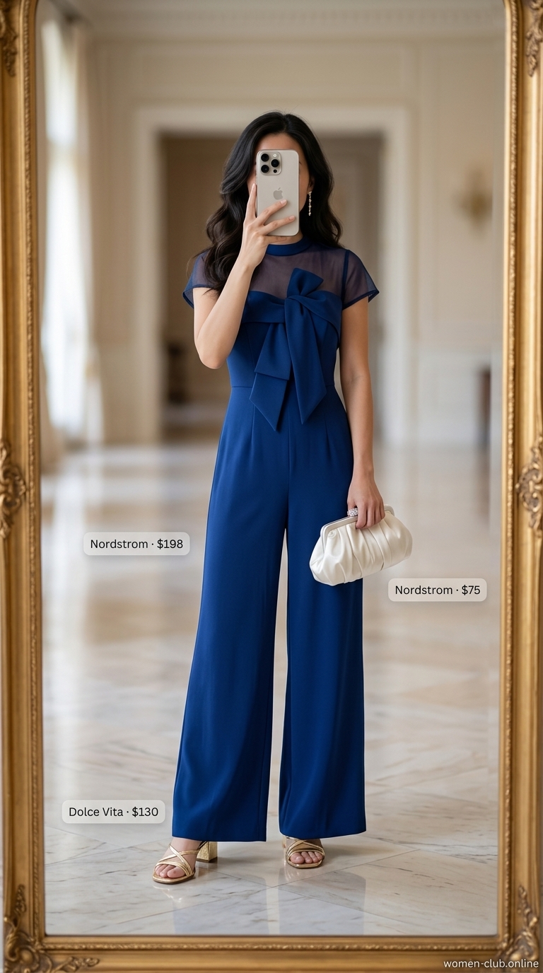 Elegant sapphire blue jumpsuit for summer wedding guest outfits 2026, with gold heels and clutch for evening events.