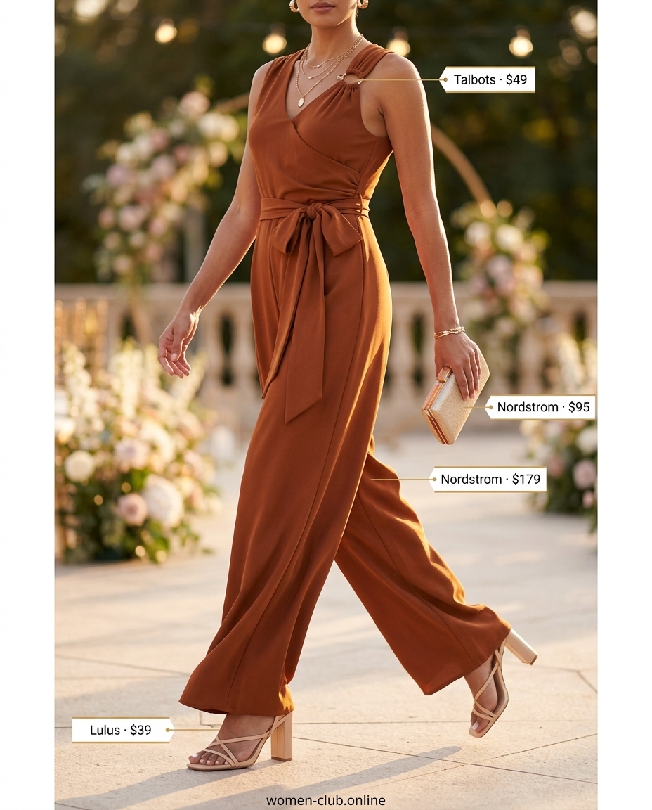 Terracotta wide-leg jumpsuit for elegant summer wedding guest outfits 2026, with block heels and gold necklaces.