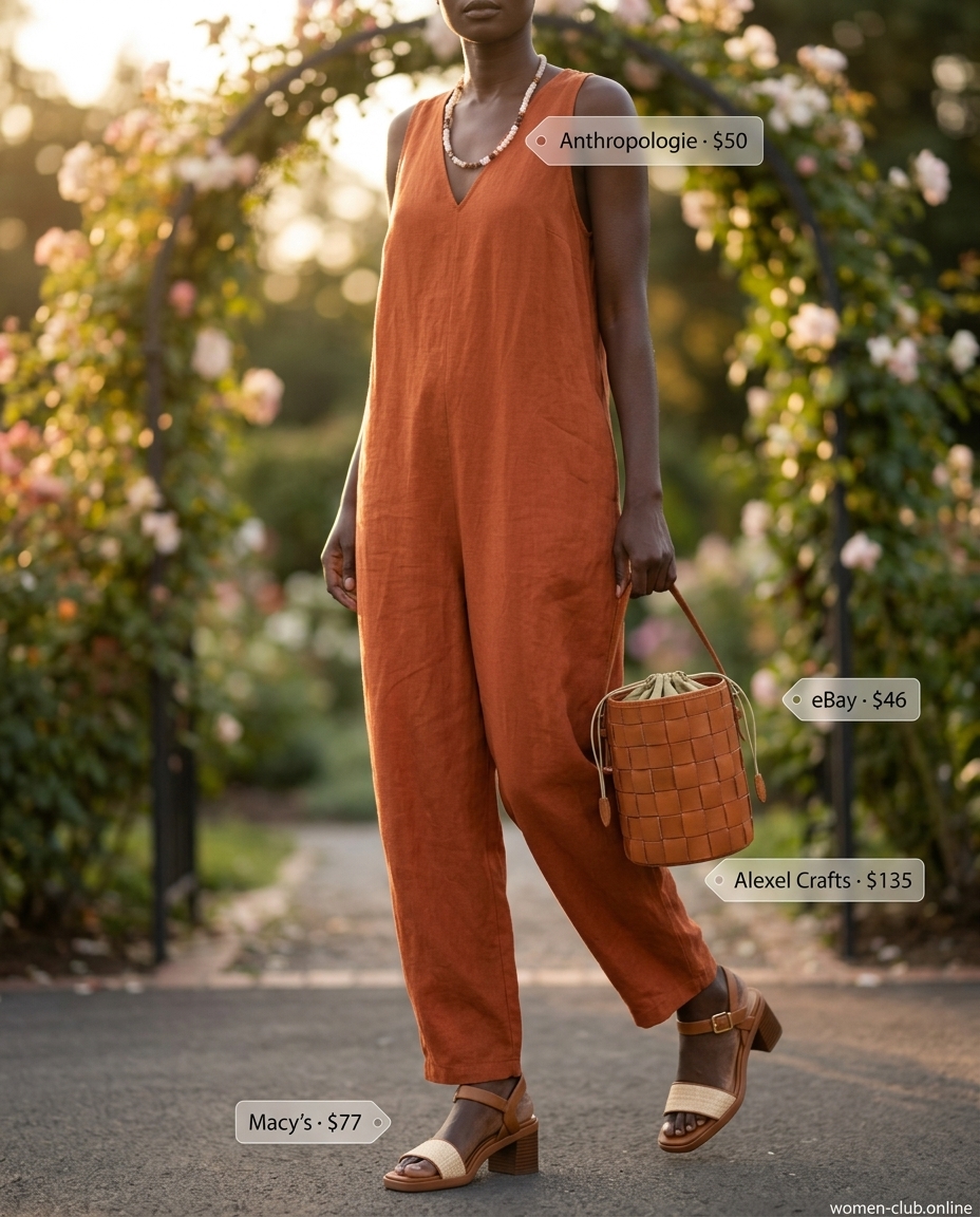 Terracotta linen wide-leg jumpsuit for summer wedding guest outfits 2026, with tan leather accessories.