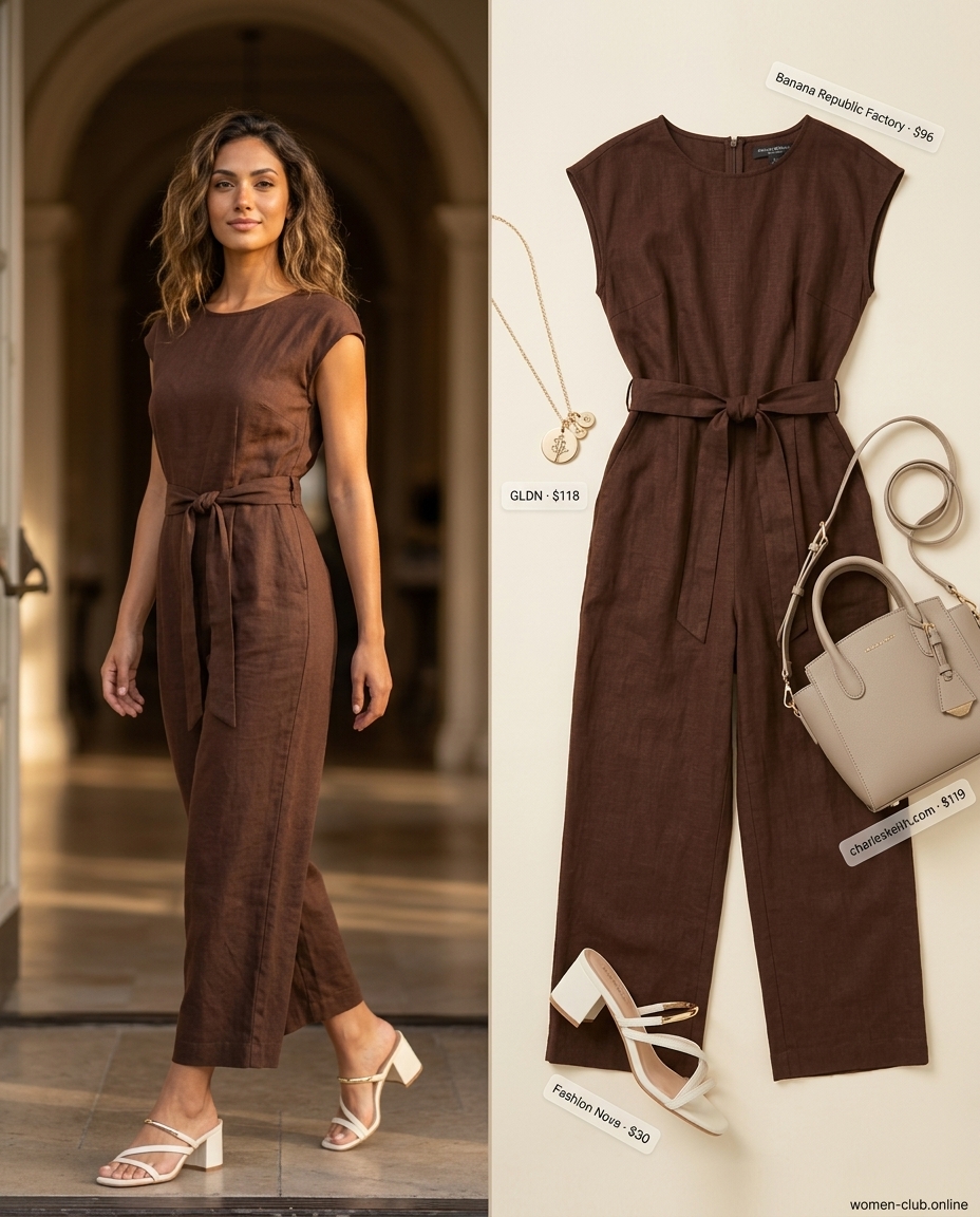 Terracotta tailored jumpsuit for summer wedding guest outfits 2026. Sophisticated cream mules, top-handle bag, and gold pendant.