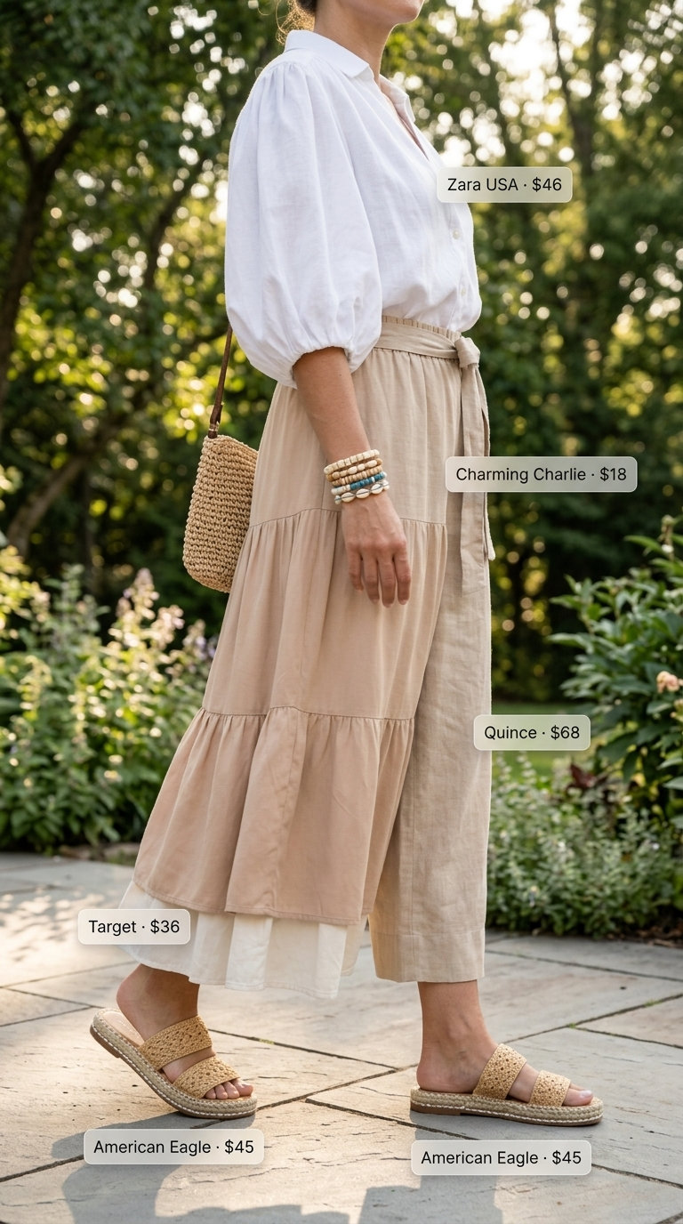 Romantic Summer Linen Outfits 2026: Maxi Skirt & Blouse Romantic summer linen outfits for women over 30 2026: Beige maxi skirt, white puff blouse, espadrilles & straw bag for garden party.