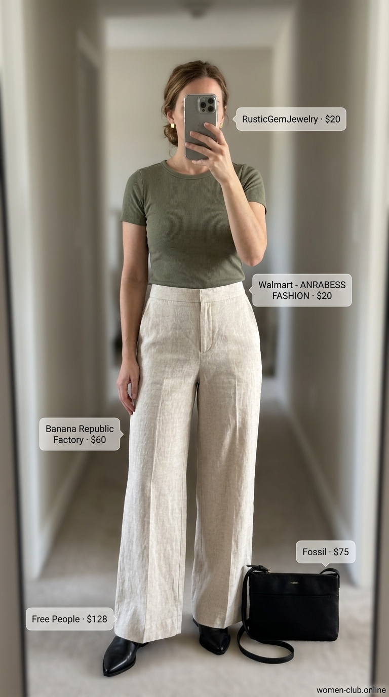 City Sightseeing Linen Outfits for Women Over 30 2026 Polished summer linen outfits for women over 30 2026: Beige linen pants with olive knit top.