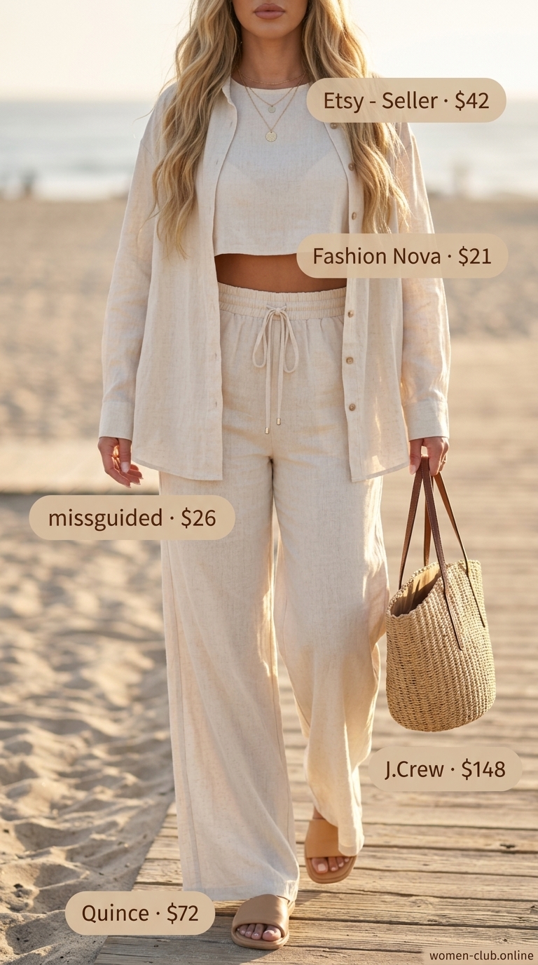 Resort Wear Linen Outfits for Women Over 30 2026 Relaxed summer linen outfits for women over 30 2026: Cream linen set with slide sandals.