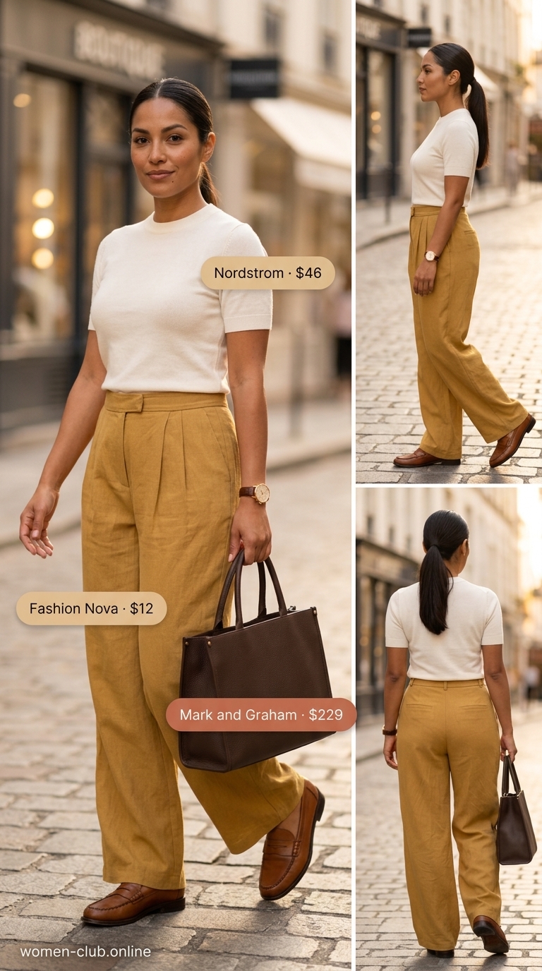 Smart Casual Linen Outfits for Women Over 30 2026 Sophisticated summer linen outfits for women over 30 2026: Mustard yellow wide-leg linen trousers with cream knit top.
