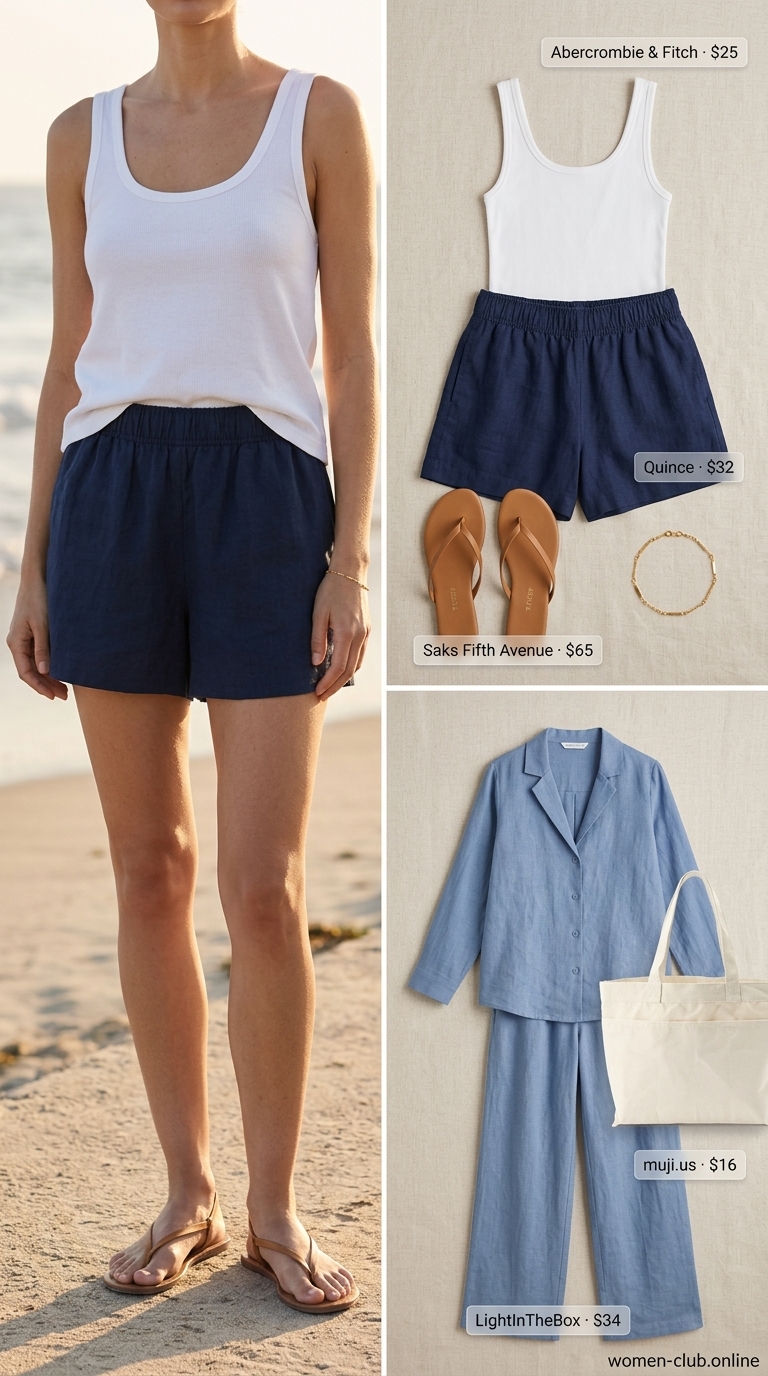 Casual Day Out Linen Outfits for Women Over 30 2026 Sunny summer linen outfits for women over 30 2026: Navy linen shorts with white tank and sandals.