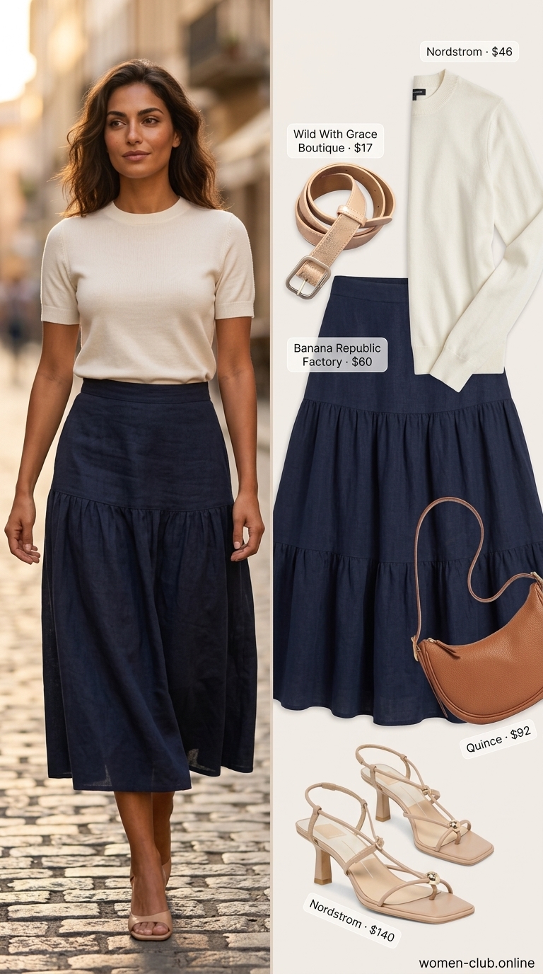 Daytime Event Linen Outfits for Women Over 30 2026 Elegant summer linen outfits for women over 30 2026: Navy linen midi skirt with cream knit top.