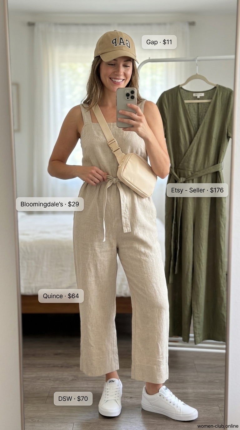 Casual Linen Outfits for Women Over 30 2026 Effortless summer linen outfits for women over 30 2026: Olive green utility jumpsuit with white sneakers.