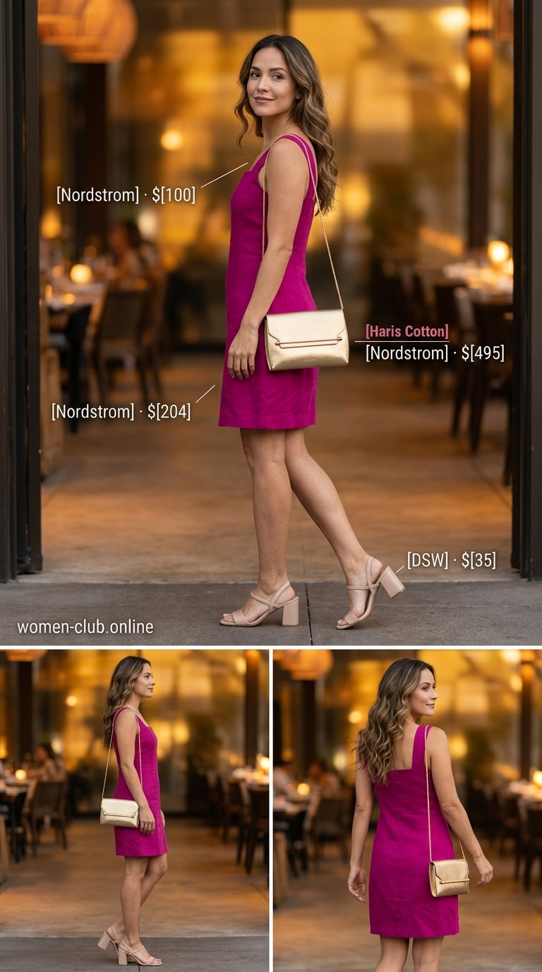 Chic Summer Linen Outfits 2026: Pink Dress & Blazer Chic summer linen outfits for women over 30 2026: Soft pink linen mini dress, blazer, gold bag & heels for evening drinks.