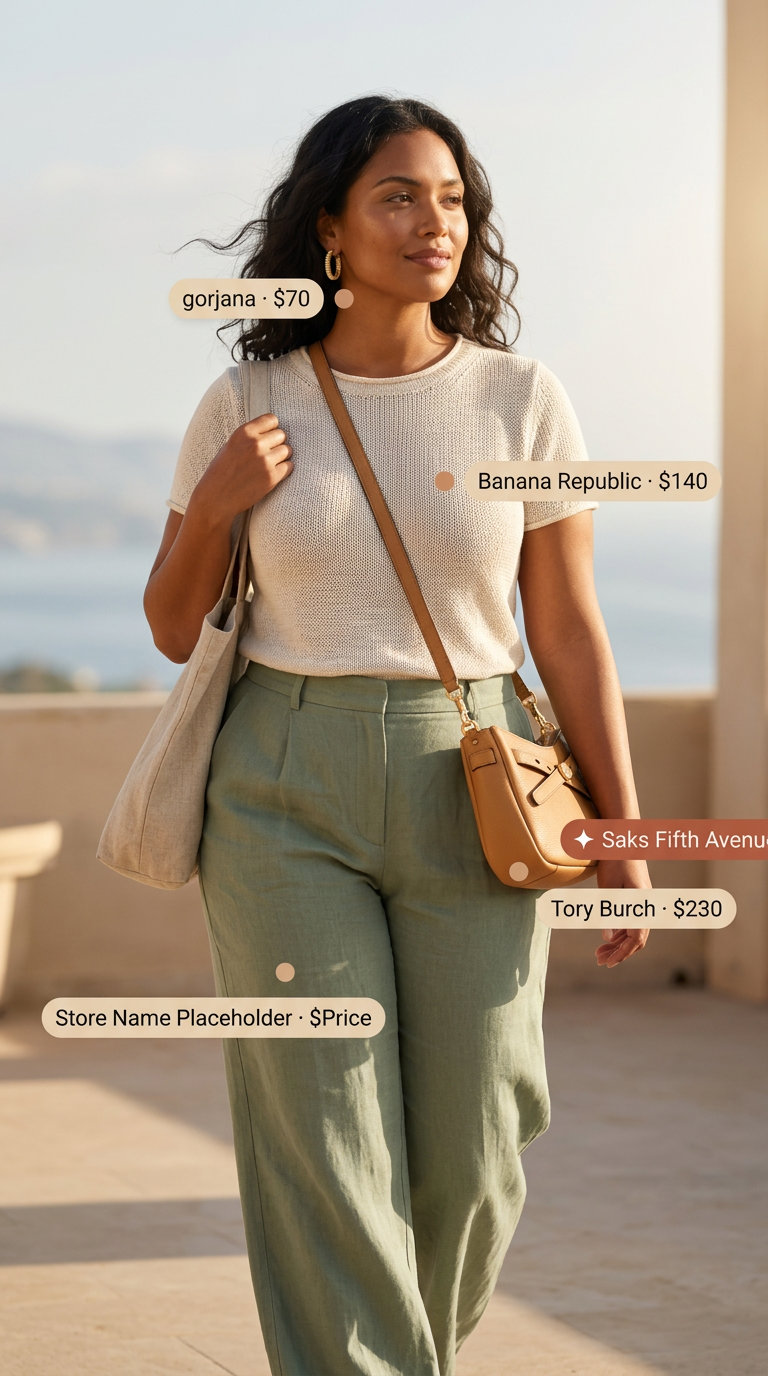 Chic Summer Linen Outfits 2026: Pants & Knit Top Chic summer linen outfits for women over 30 2026: Sage green pants, cream knit top, tan mules & crossbody bag for events.