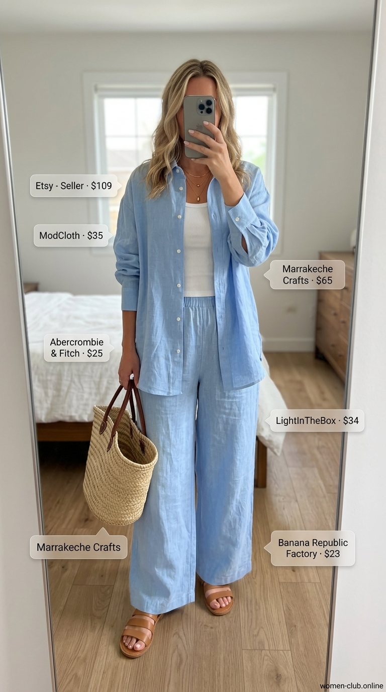 Vacation Ready Linen Outfits for Women Over 30 2026 Effortless summer linen outfits for women over 30 2026: Sky blue linen set with sandals.