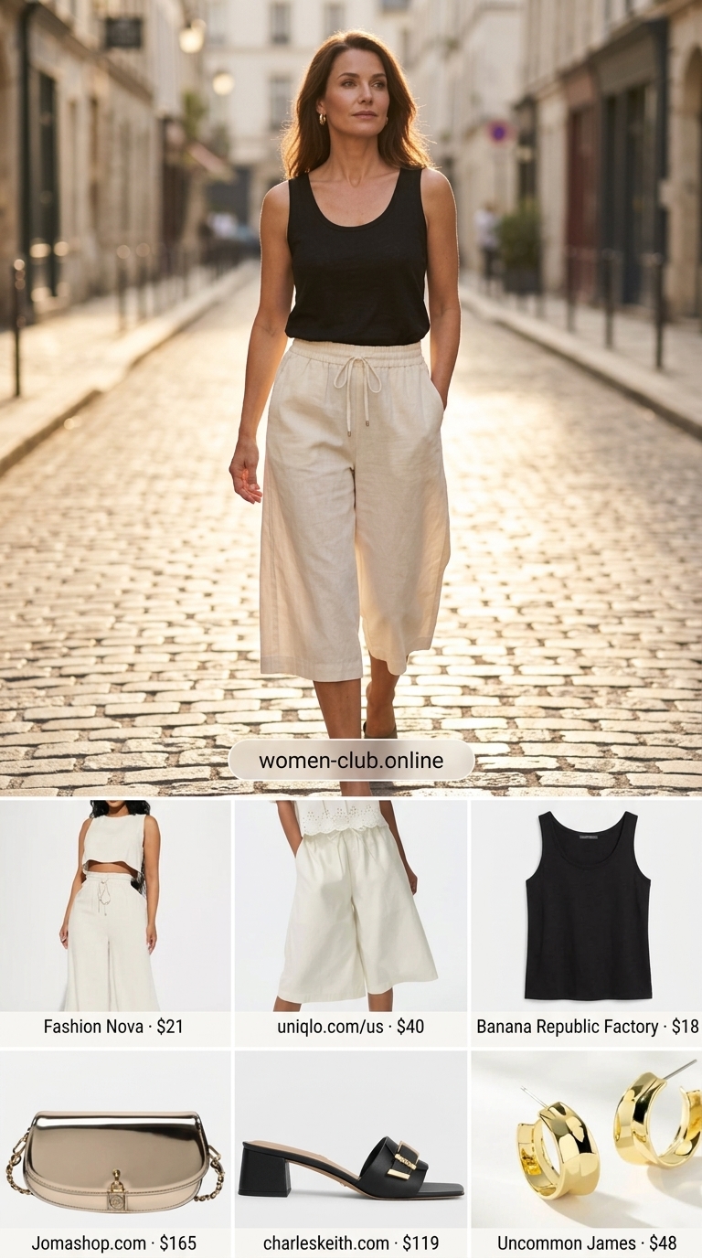 Casual Chic Linen Outfits for Women Over 30 2026 Chic summer linen outfits for women over 30 2026: White linen culottes with black tank.