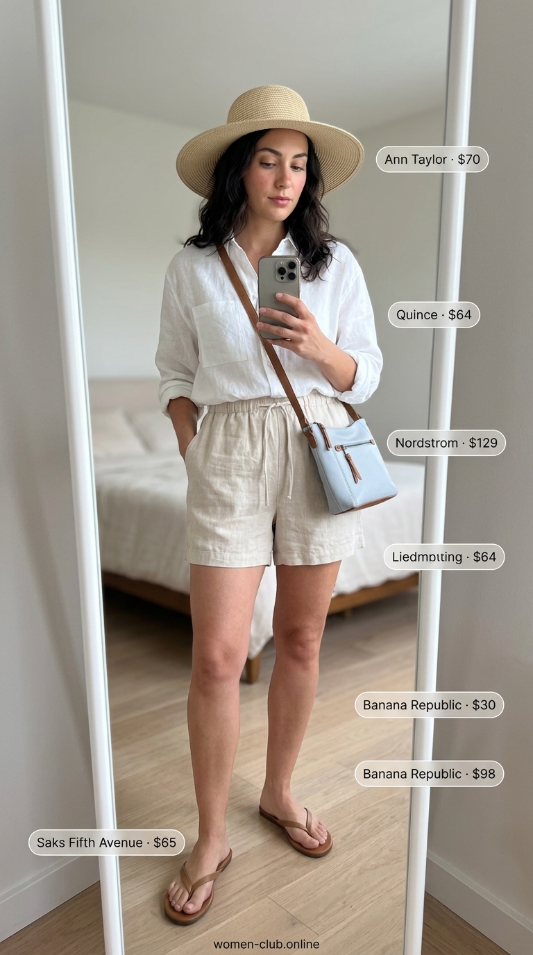 Casual Summer Linen Outfits 2026: Shorts & Breezy Top Casual summer linen outfits for women over 30 2026: White linen shirt, beige shorts, tan sandals & straw hat for errands.