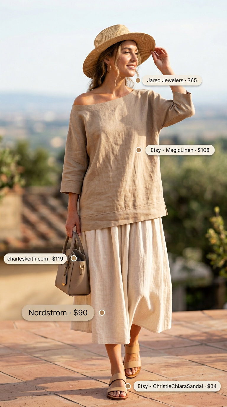 Elegant Linen Skirt Summer Outfits for Women Over 30 2026 Beige linen midi skirt with cream tank for women over 30 summer outfits 2026.